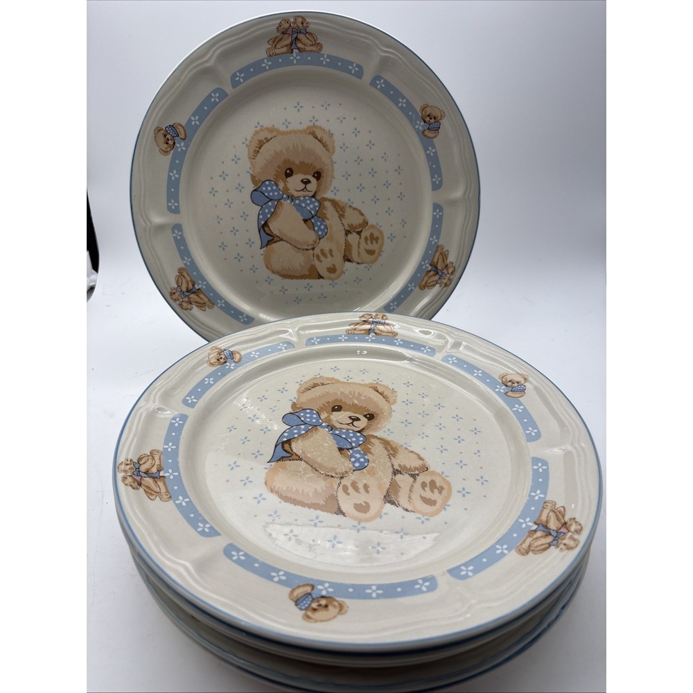 6 Tienshan Stoneware Country Theodore Teddy Bear 10.5" Dinner Plates Blue White